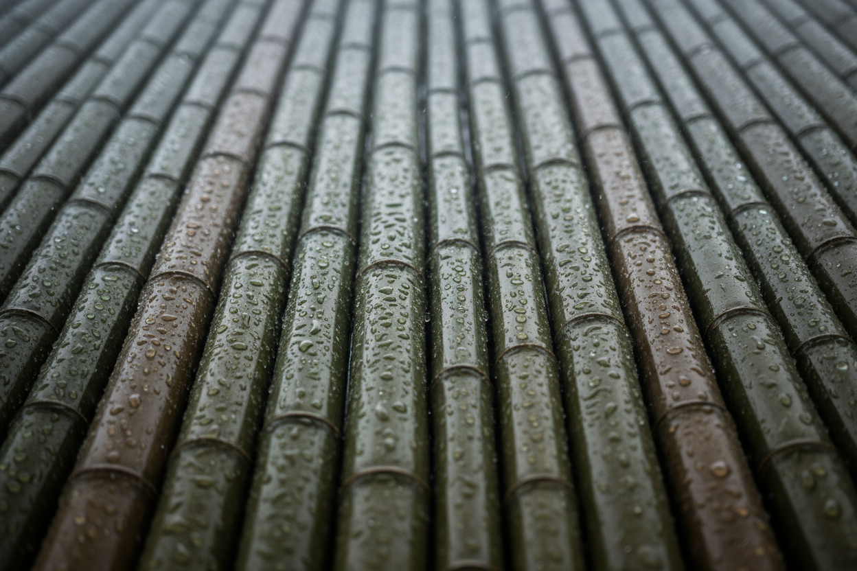 backround filled with bamboo sticks in a sideways row in a good texture with rain droplets, grey backround.